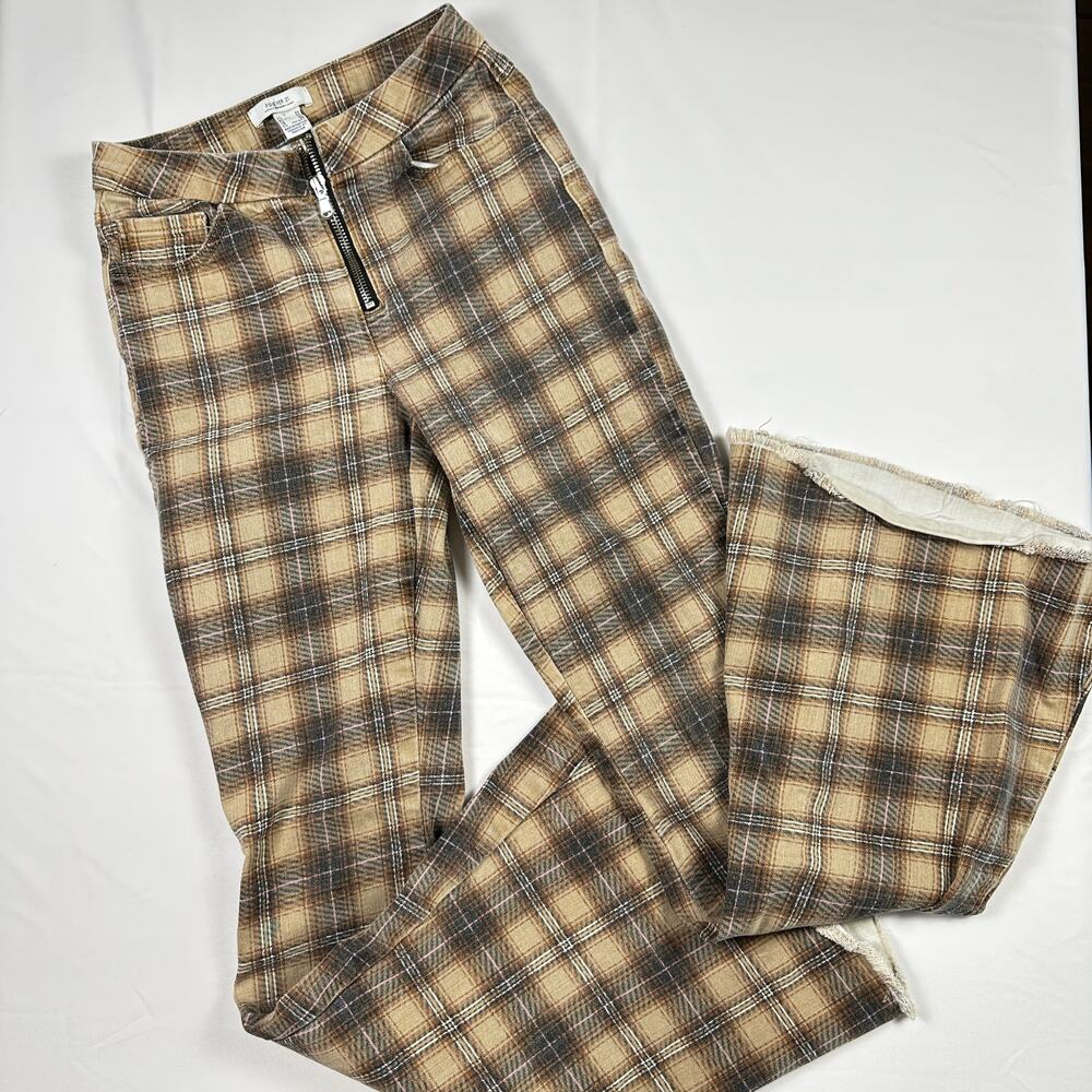 Forever 21 Premium High Waisted Wide Leg Flare Plaid Pants w/ Front Zip Sz 23
